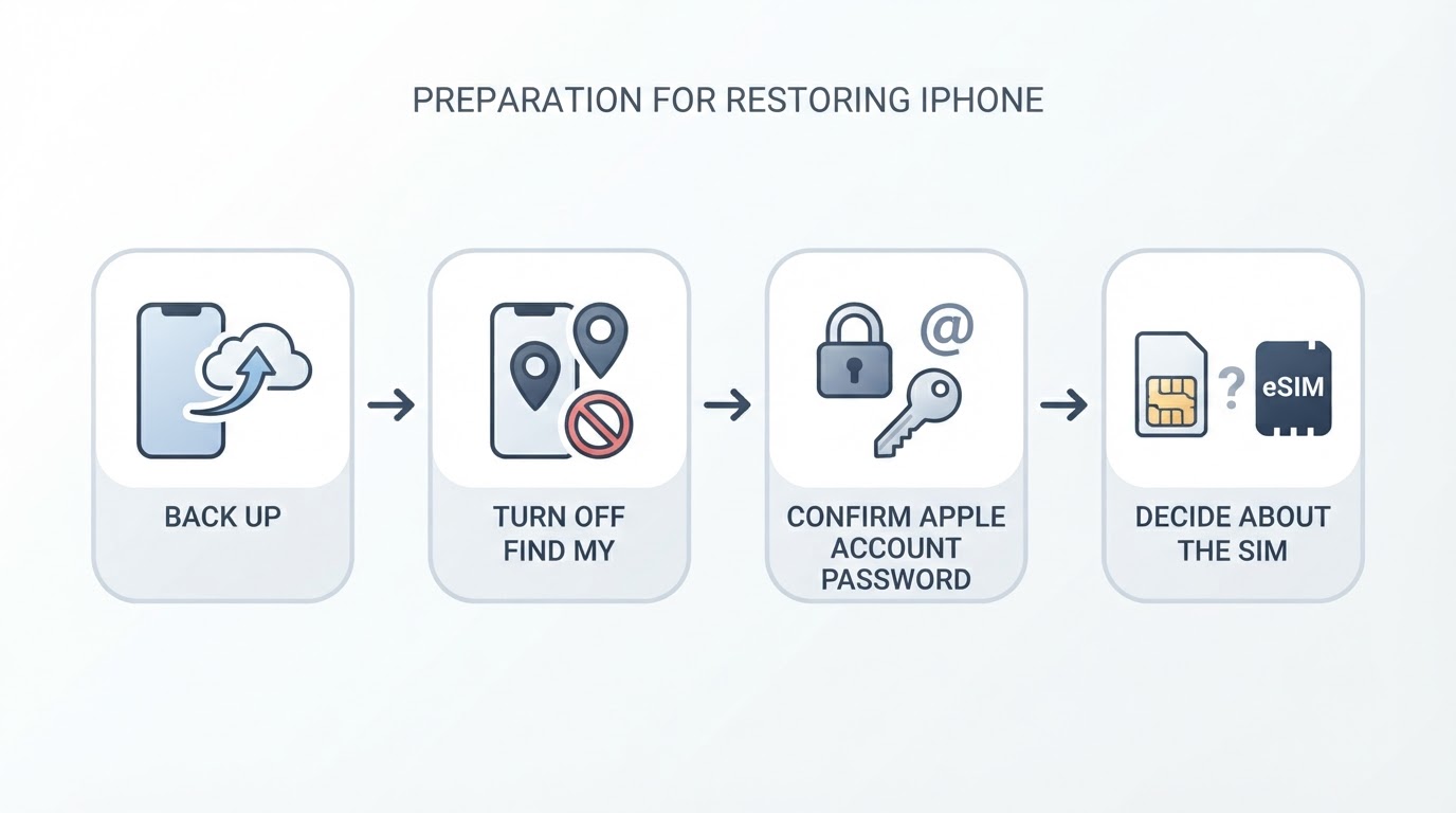 Workflow diagram for how to restore iphone to factory settings.