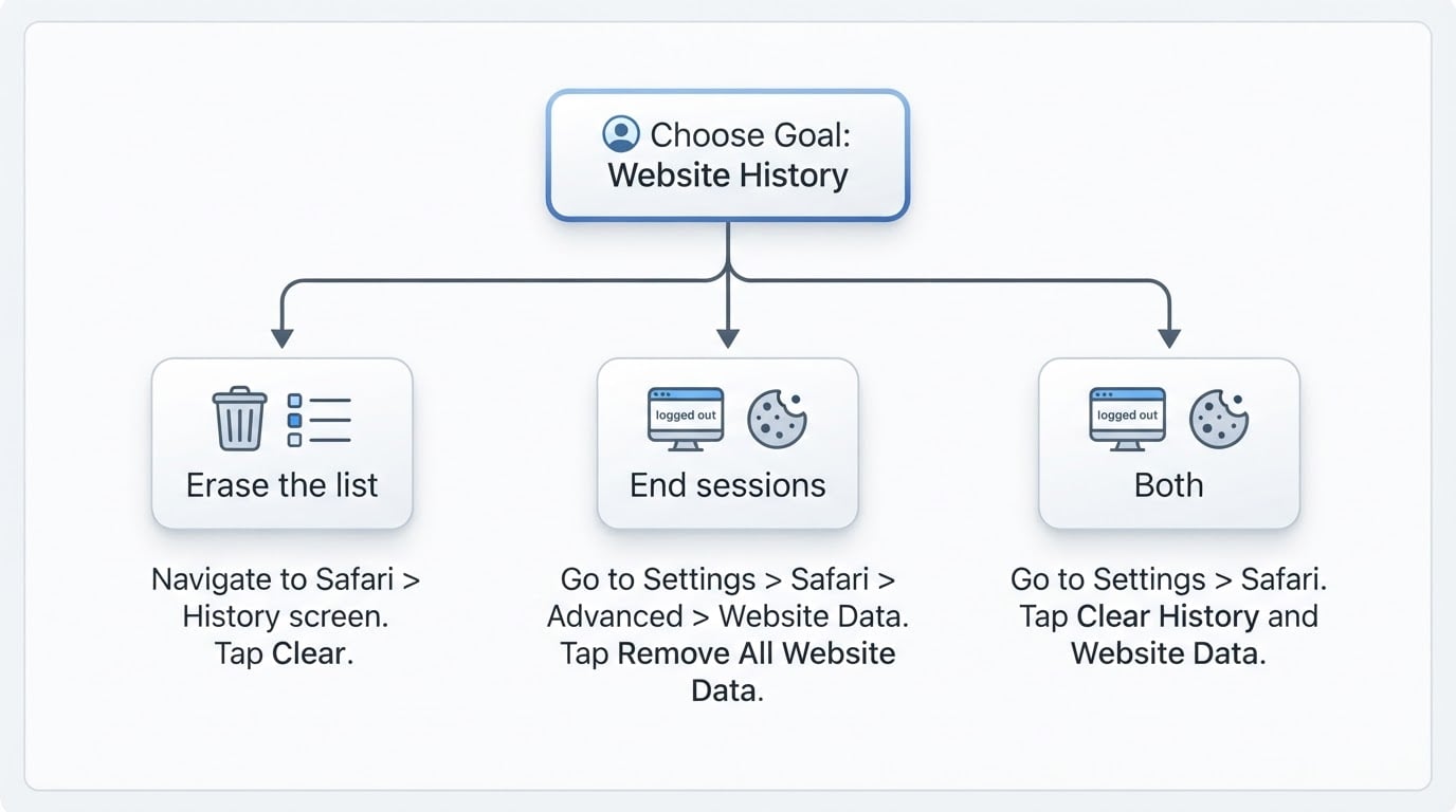 Workflow diagram for how to delete website history on iphone.