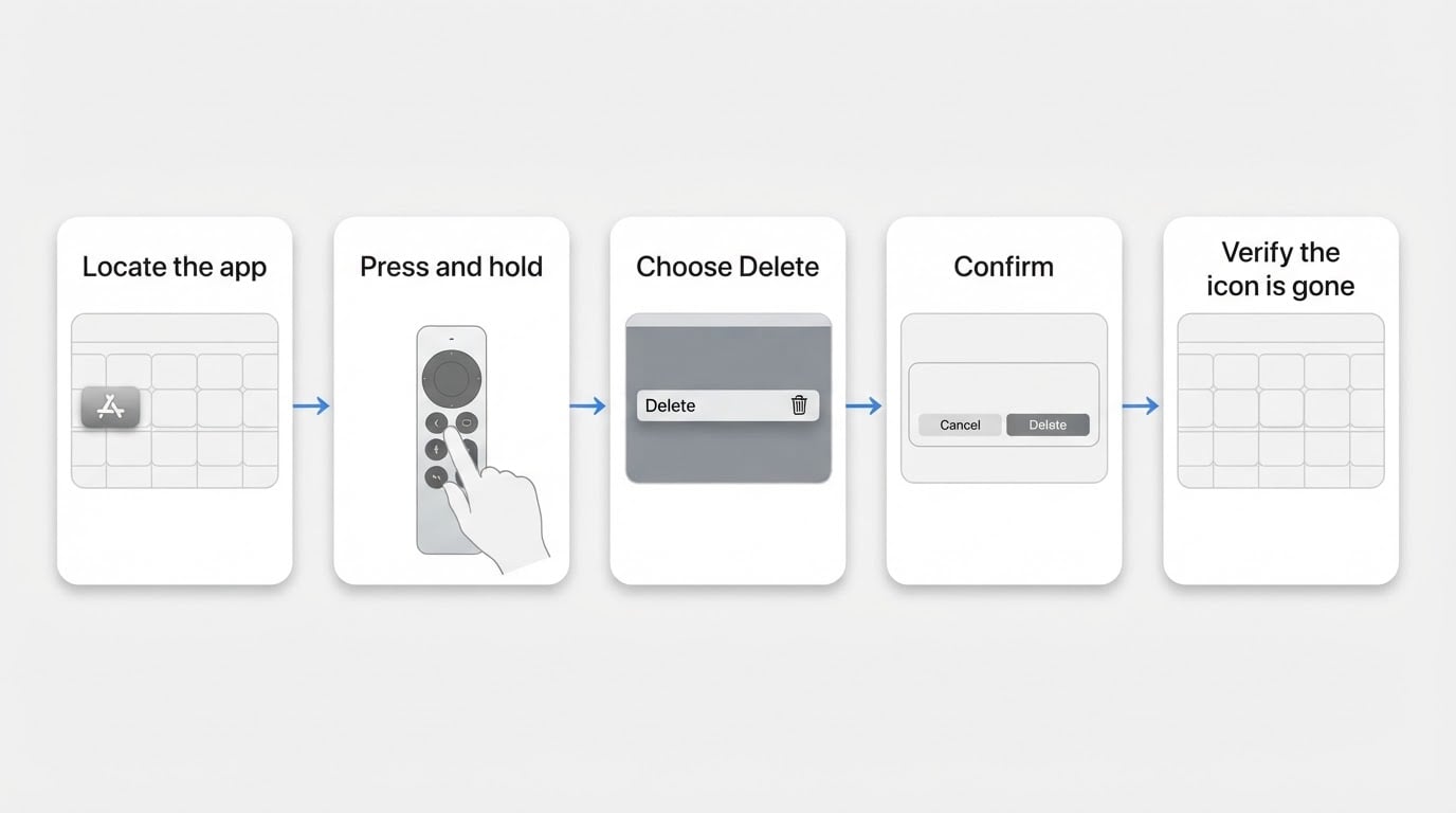 Workflow diagram for how to delete apps on apple tv.