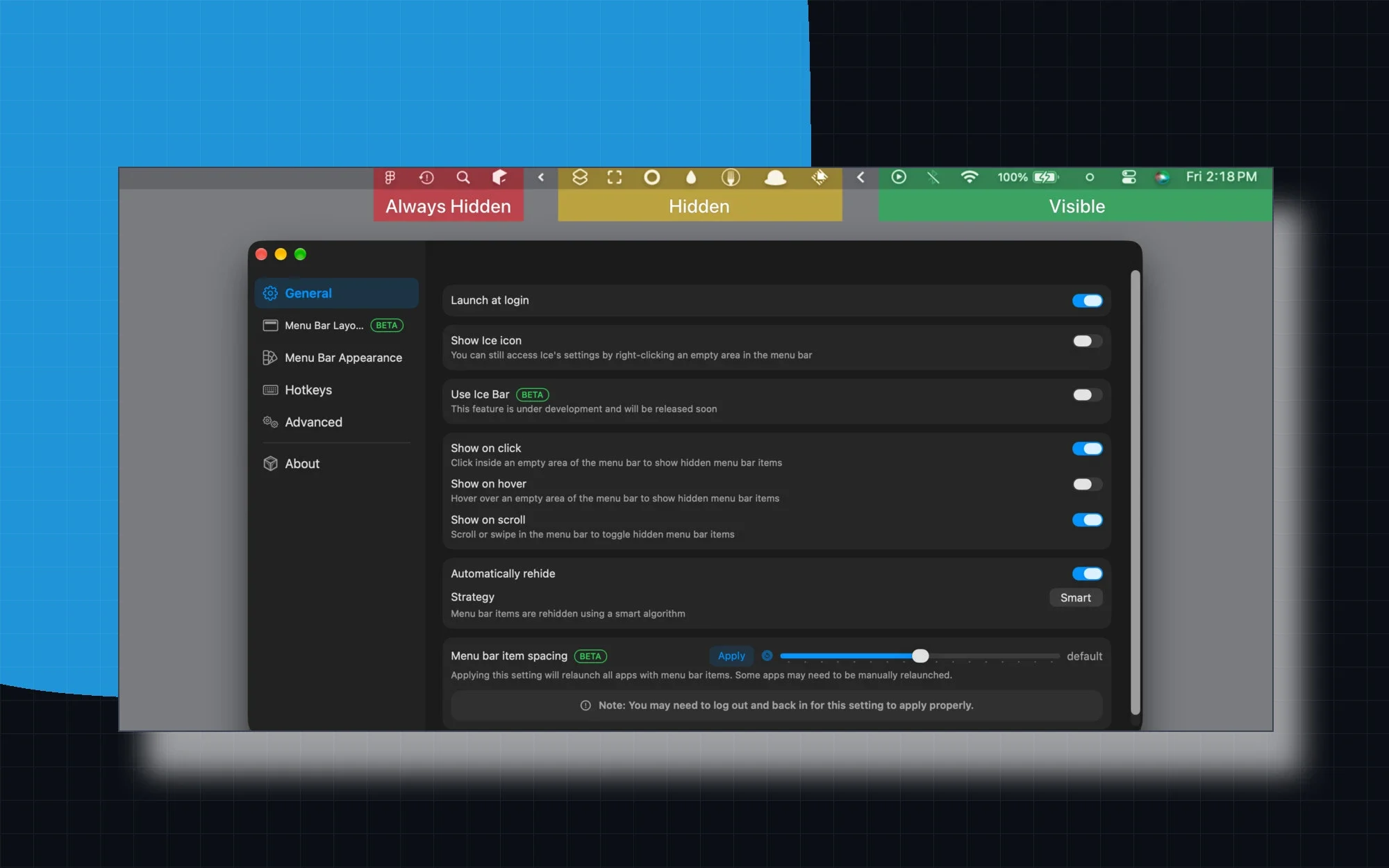 Ice's macOS menu bar grouped into Always Hidden, Hidden and Visible sections above its settings window.
