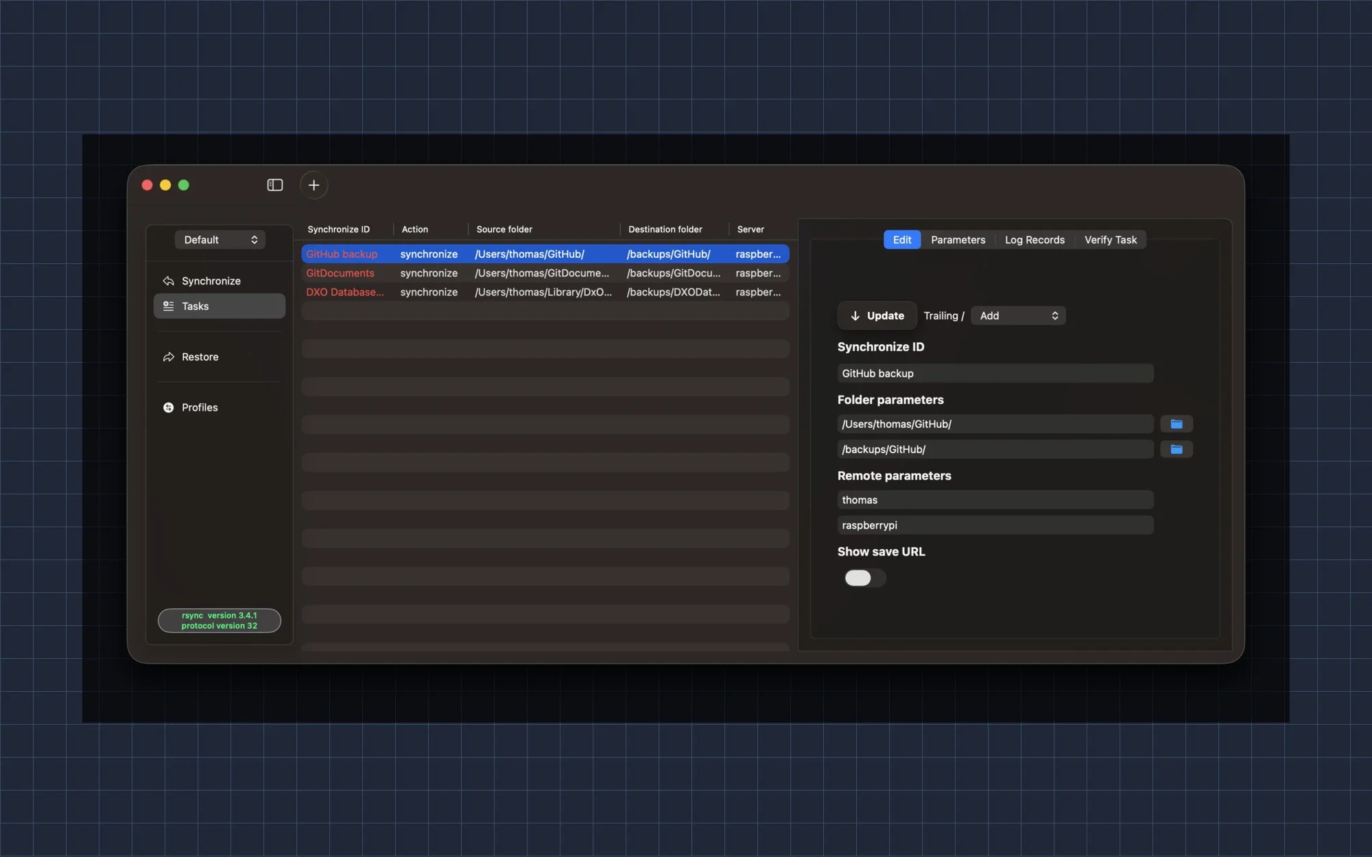 RsyncUI task management and synchronization interface on a dark macOS window.
