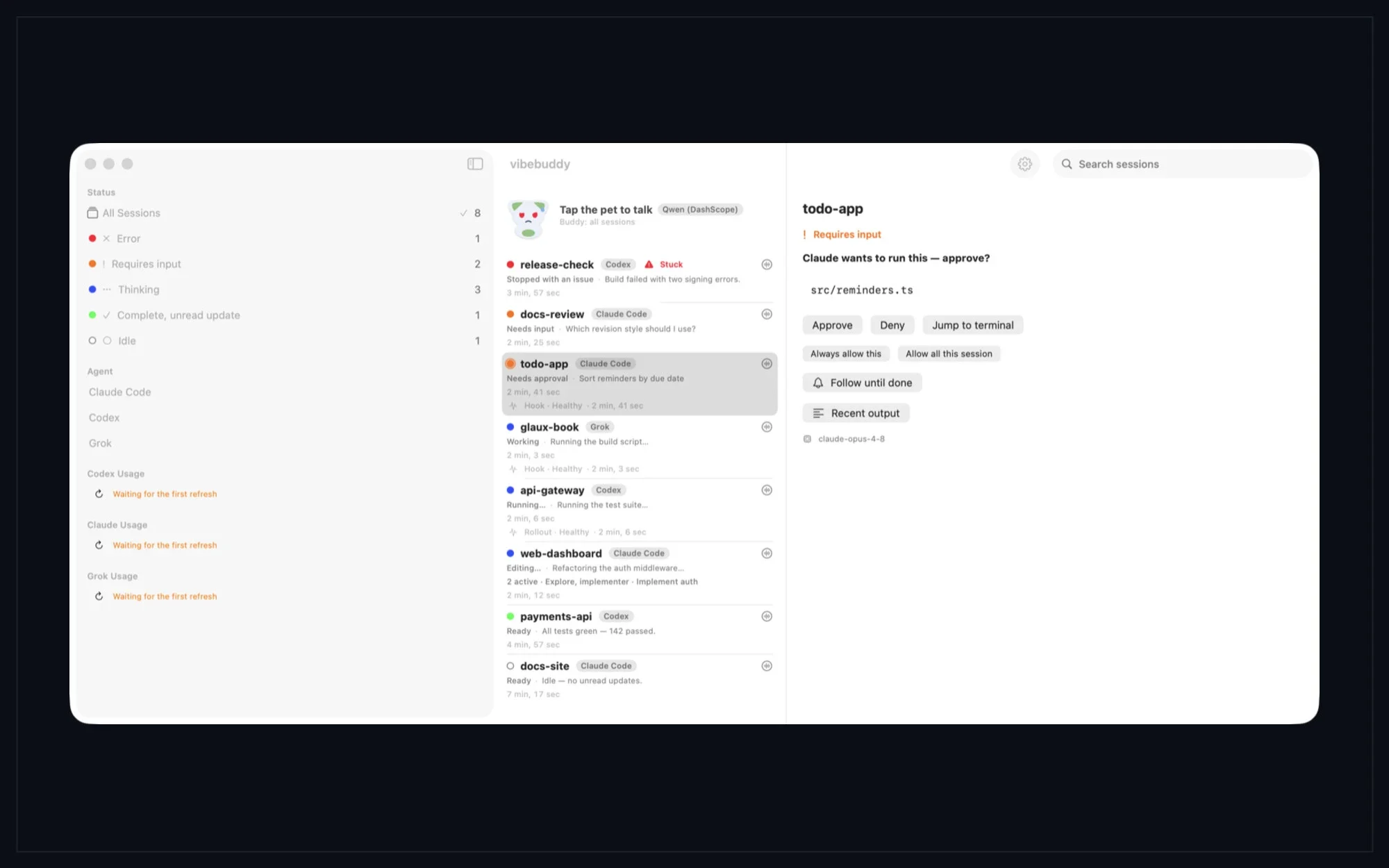 VibeBuddy's Mac task dashboard with agent statuses and an approval panel.