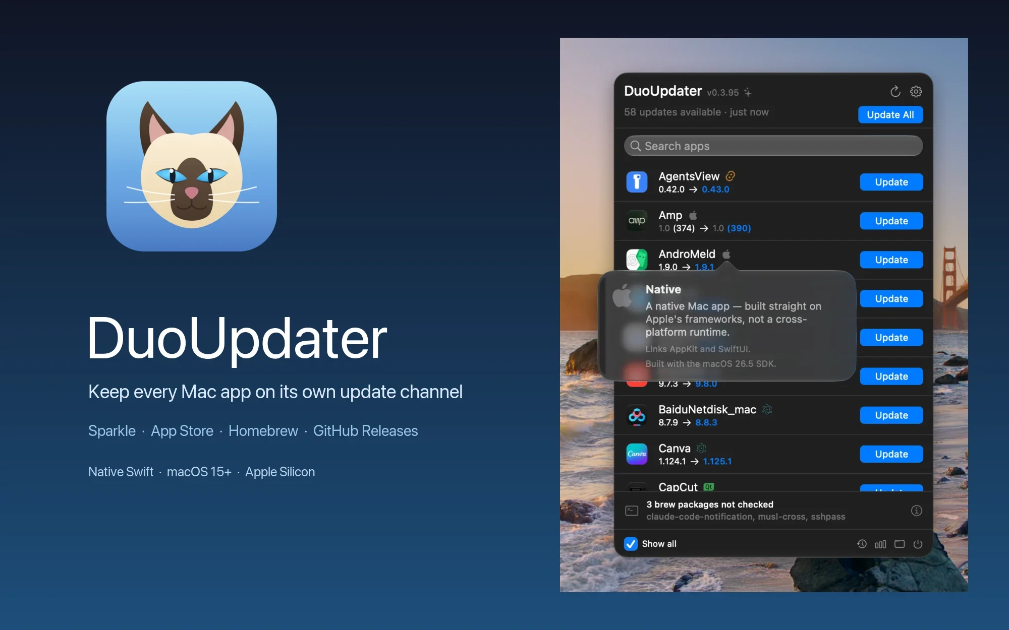 DuoUpdater's native macOS menu-bar update list beside its cat icon and channel-aware app rows.