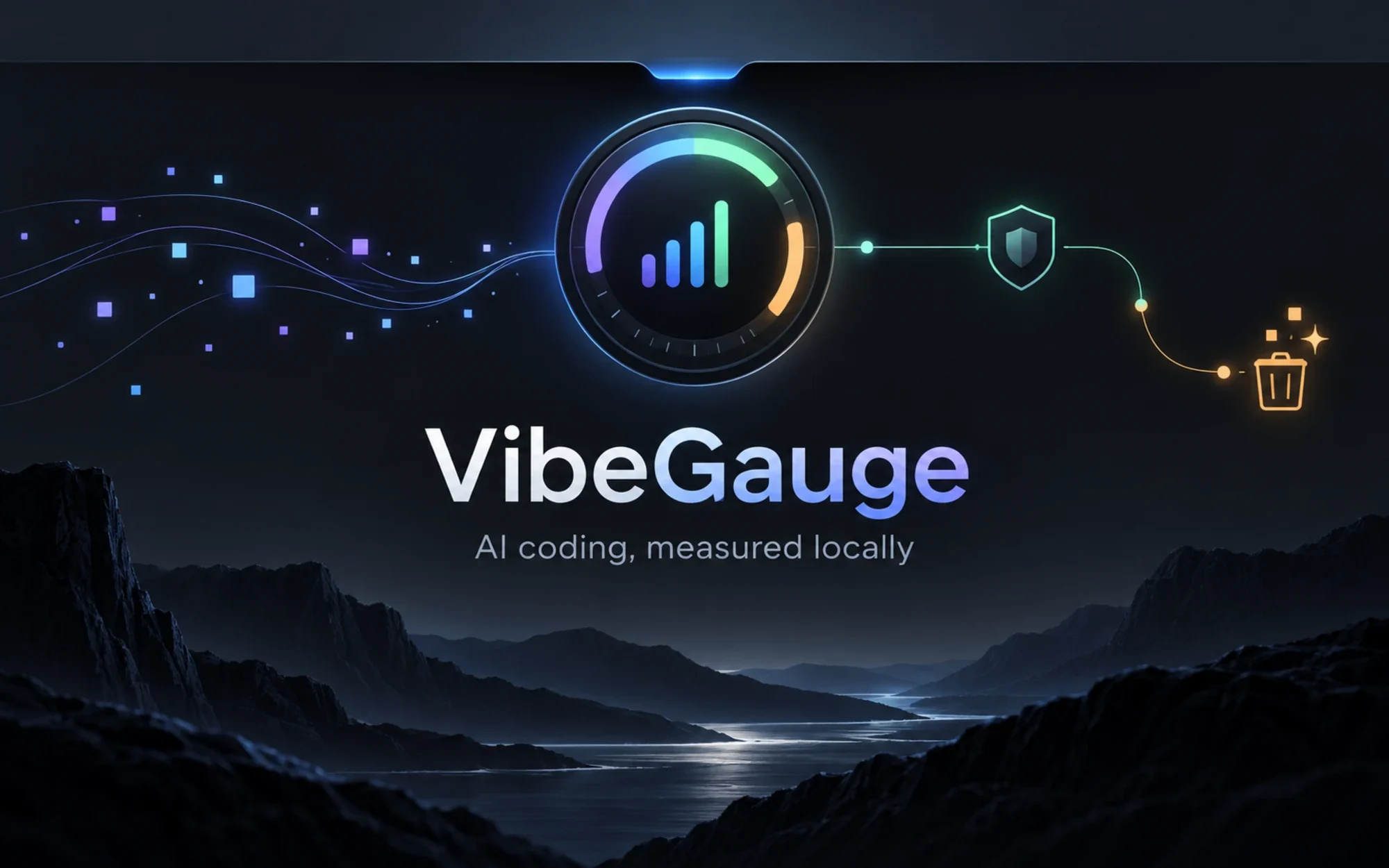 VibeGauge conceptual illustration with local AI-usage gauges, a network route and a guarded cleanup symbol.