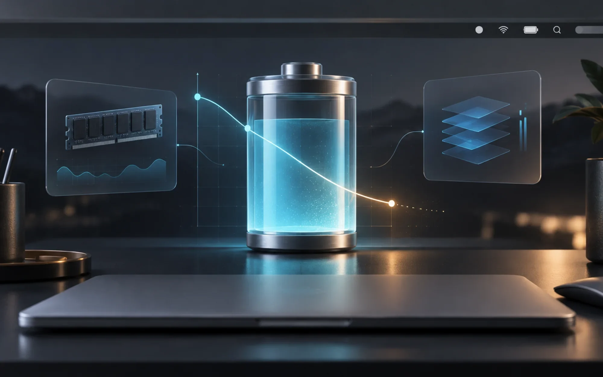 Dark conceptual illustration of MacPulse battery-runtime forecasting and memory monitoring.