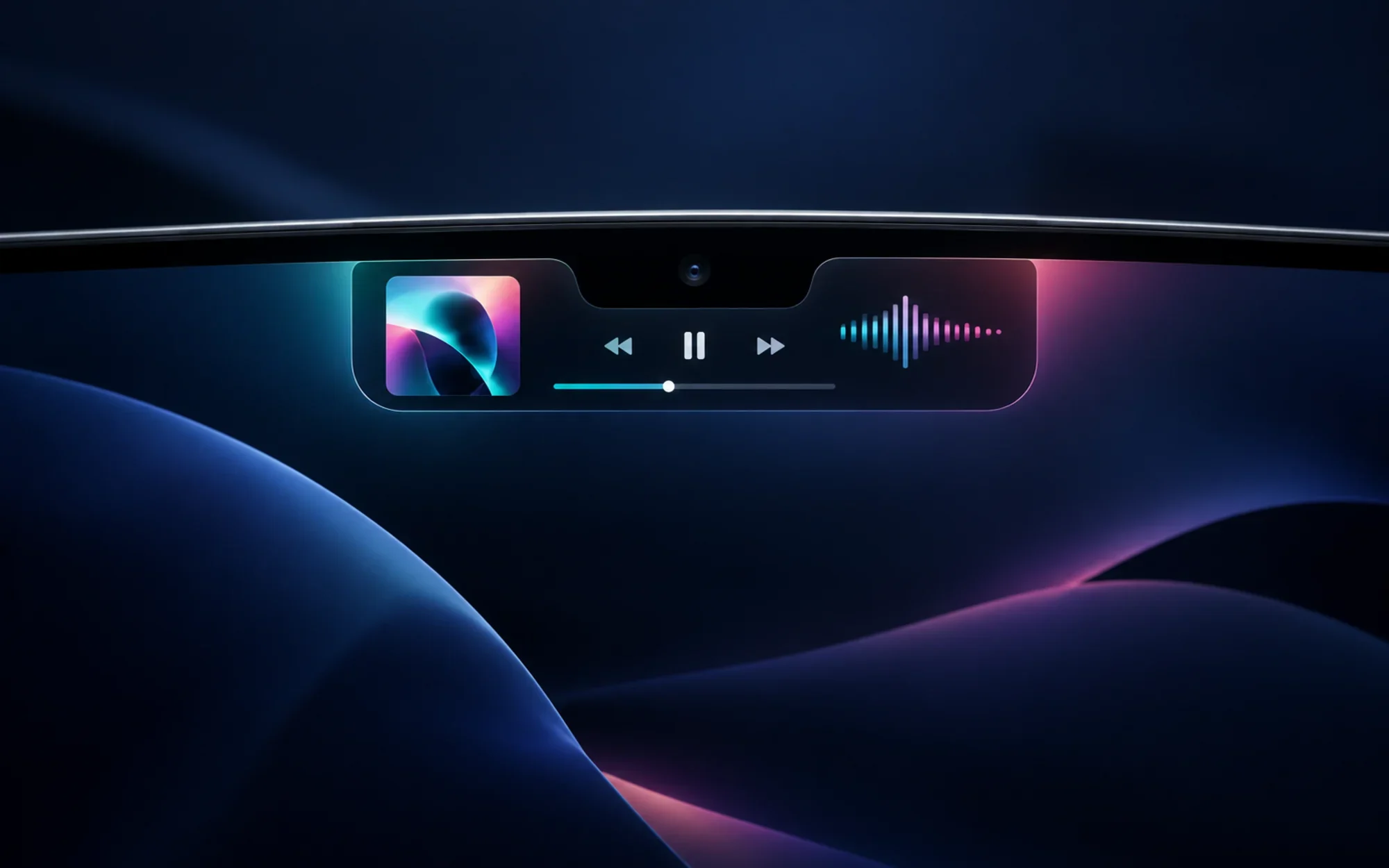 Concept illustration of a MacBook notch expanding into a music player with album art and a colorful waveform.