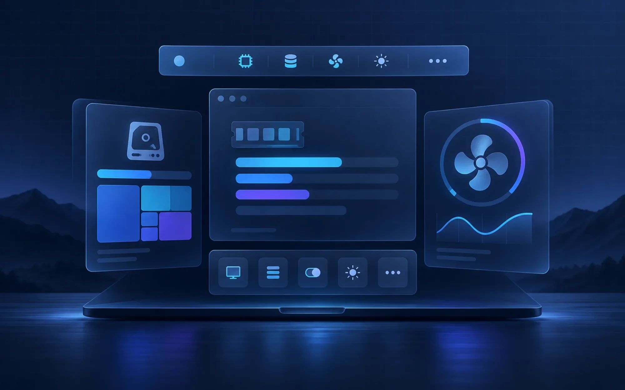 Concept illustration of a Mac system toolkit combining memory, disk, fan, and menu-bar controls; not a WonderBox screenshot.