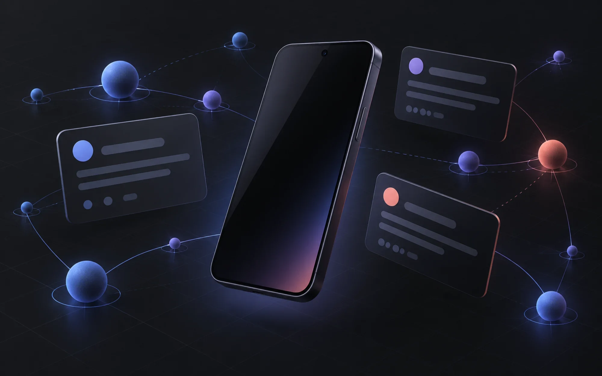 Concept illustration of a phone surrounded by connected discussion cards, representing a federated community network; not a Mlem screenshot.