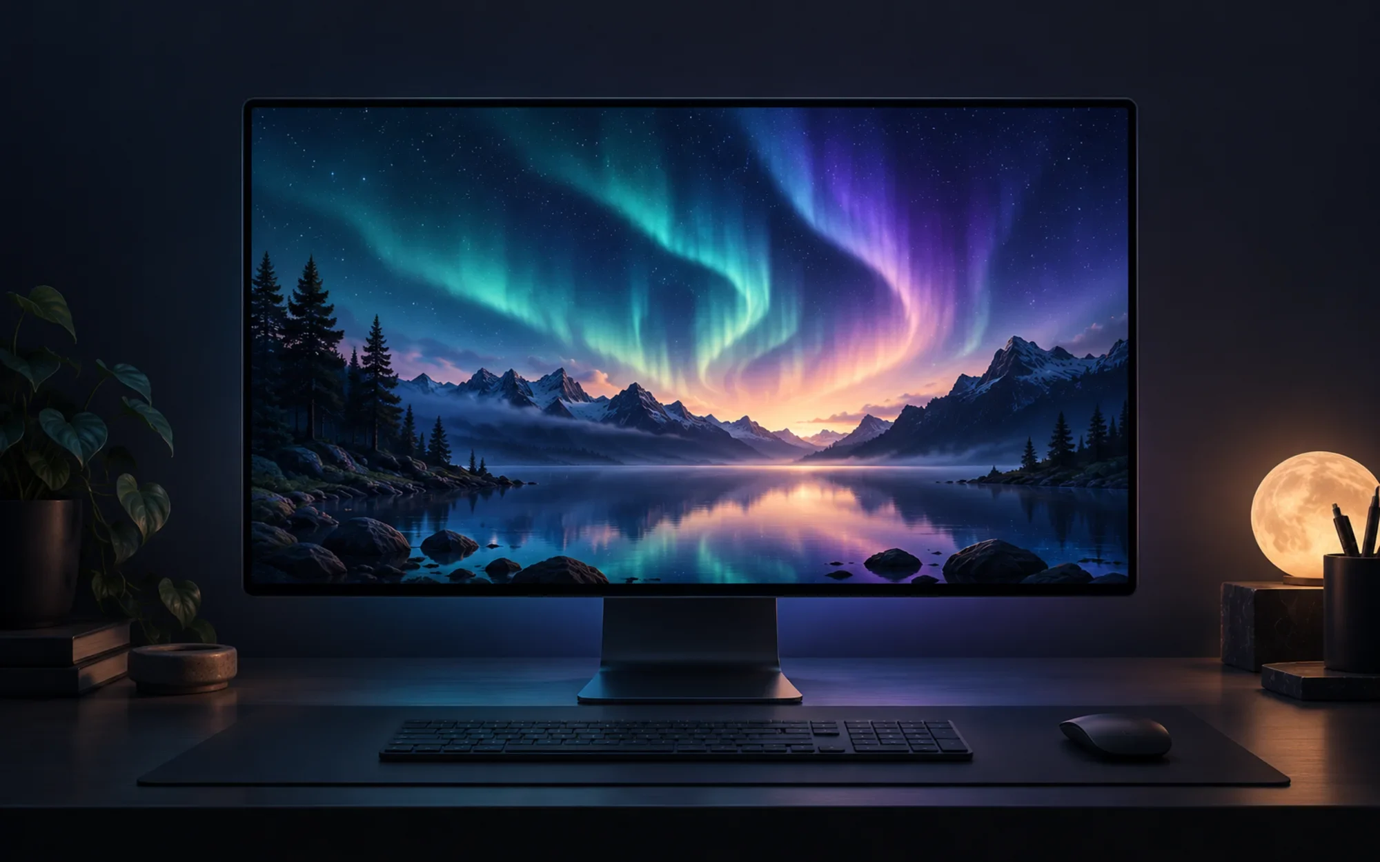 Concept illustration of a Mac display showing an aurora over a mountain lake; not a WallpaperMachine screenshot.