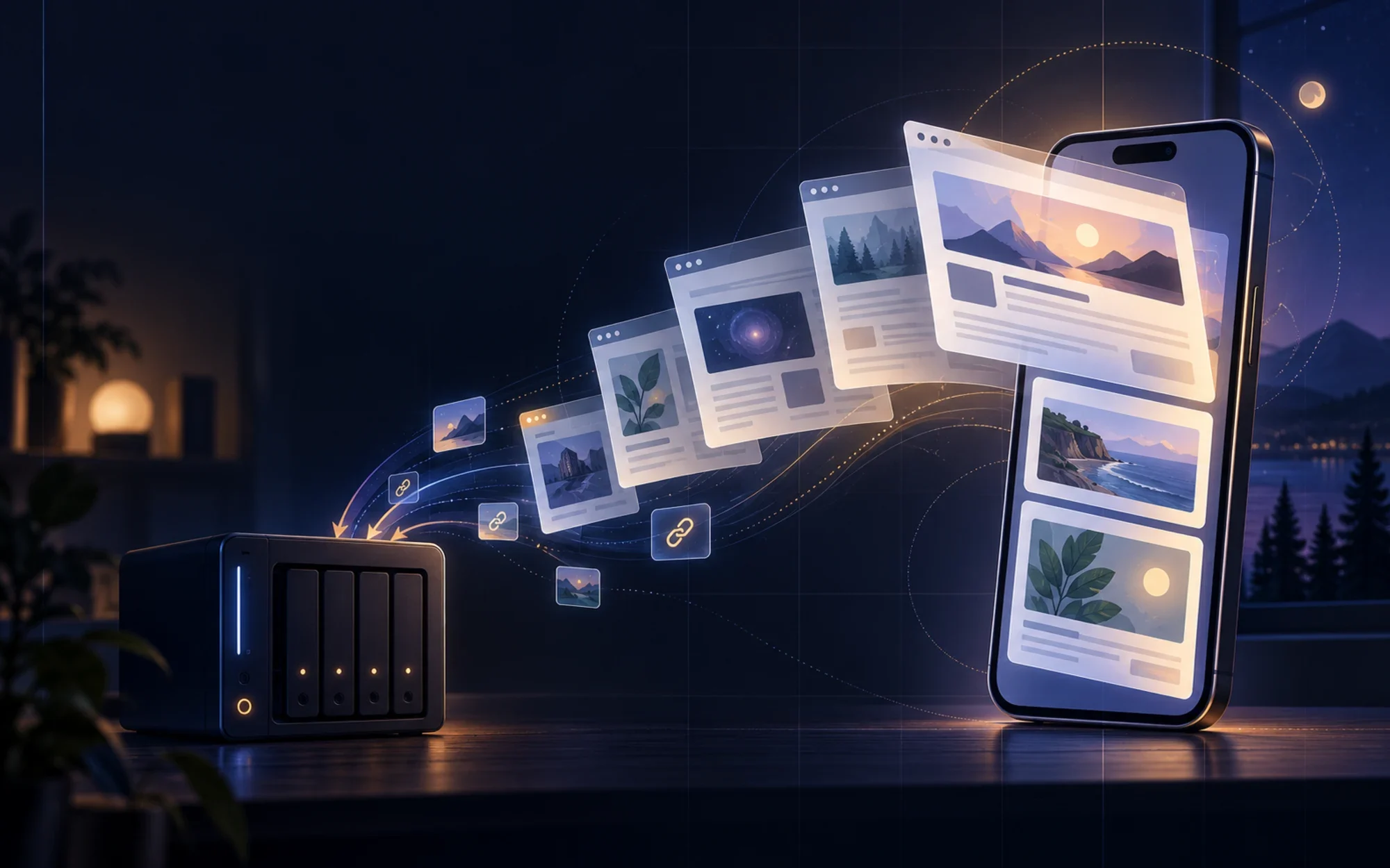 Concept illustration of an iPhone sending layered saved web pages to a small home server; not an ArchiveBox screenshot.