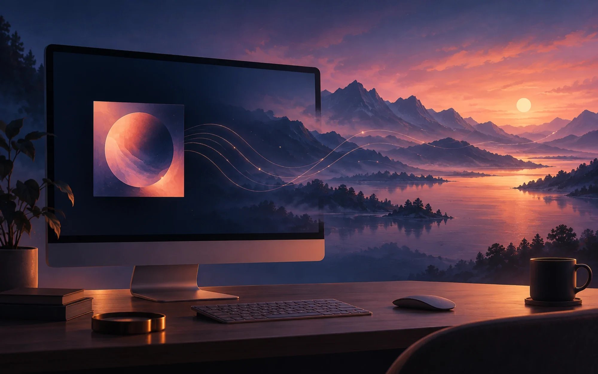 Concept illustration of album art flowing into a changing mountain wallpaper on an unbranded desktop display; not an AudioPaper screenshot.