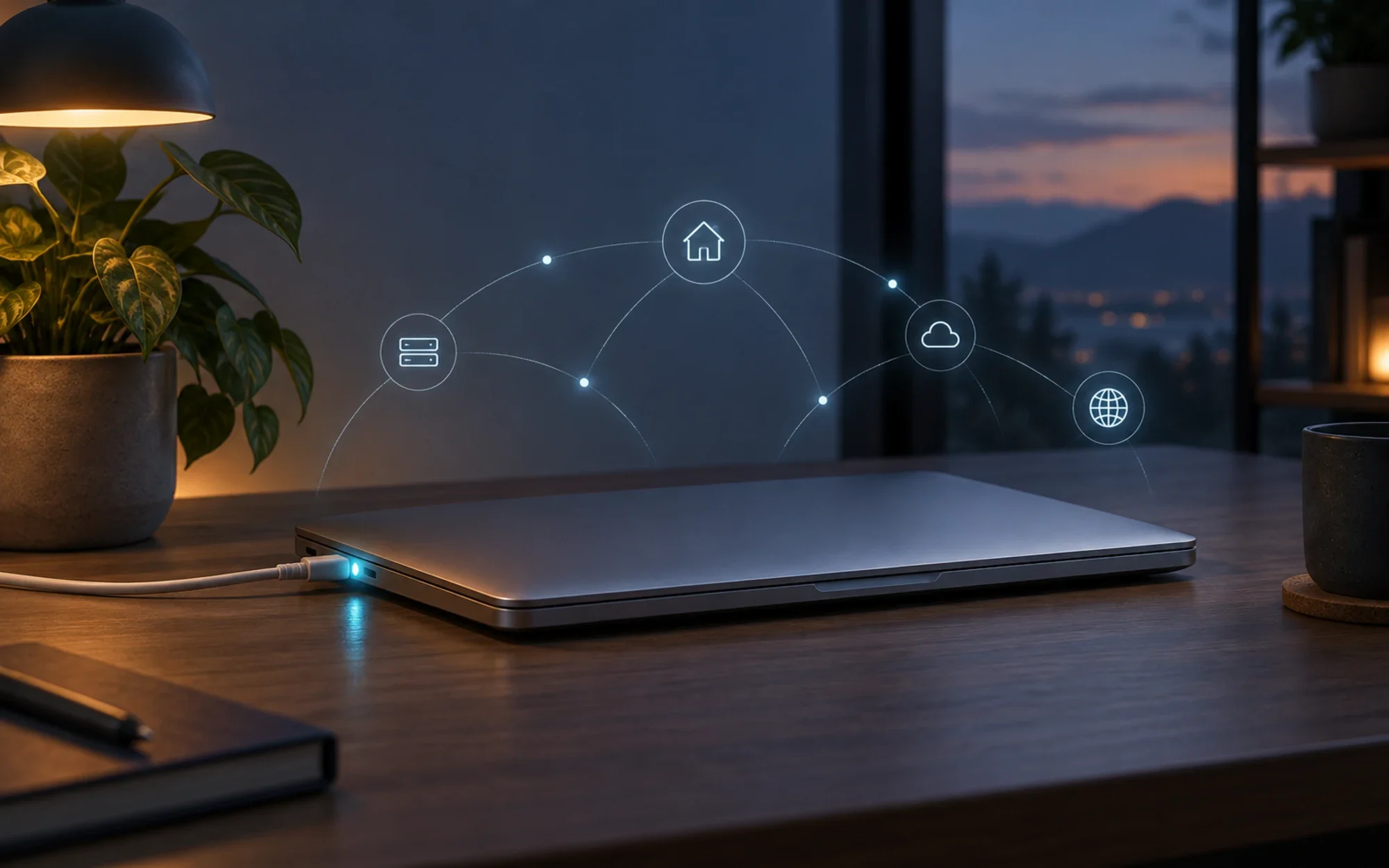 Concept illustration of a closed, powered notebook in a home workspace with subtle network symbols; not a Mac mini Mode screenshot.