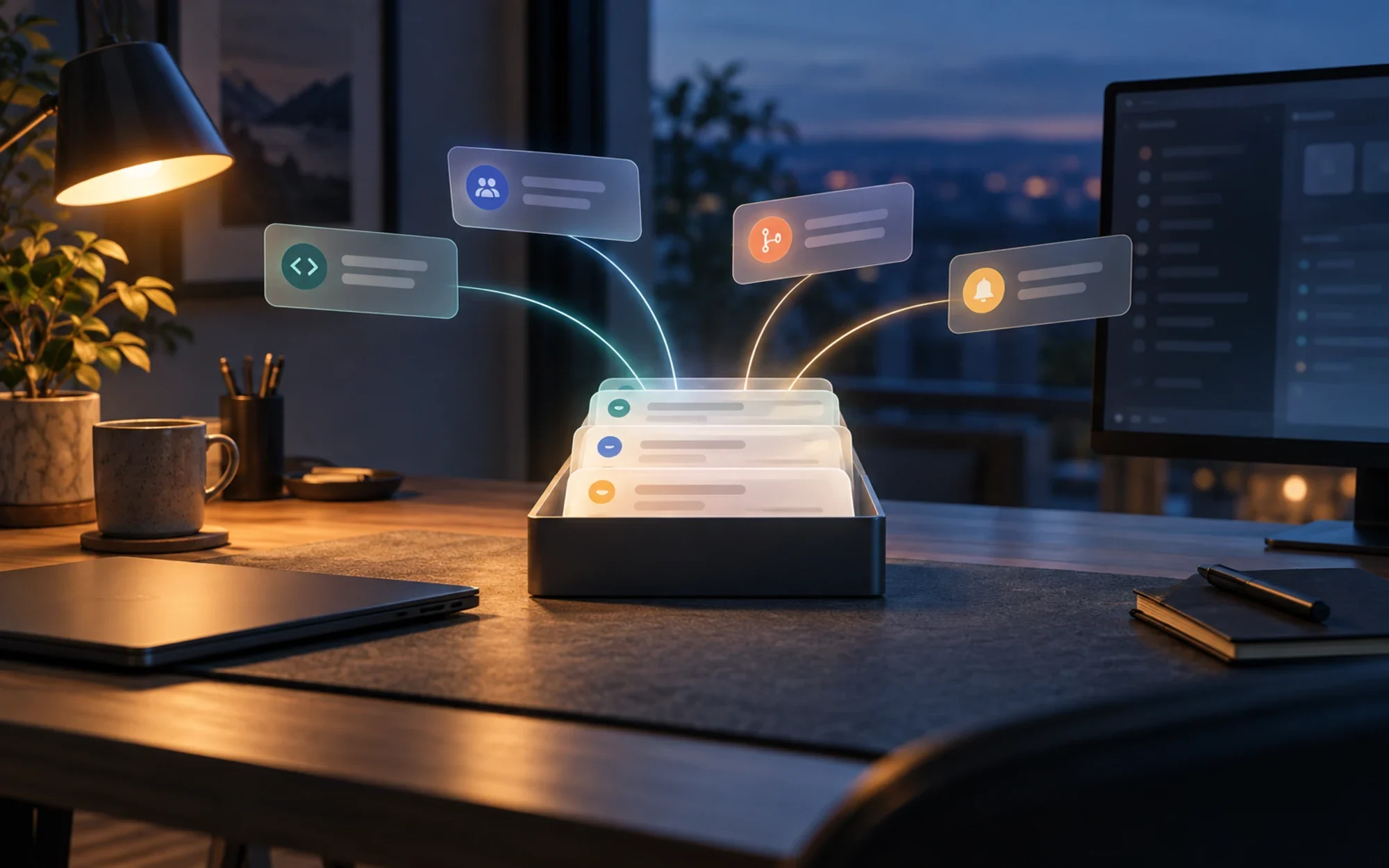 Concept illustration of engineering signals flowing into one calm inbox on a home-office desk; not a Remora screenshot.