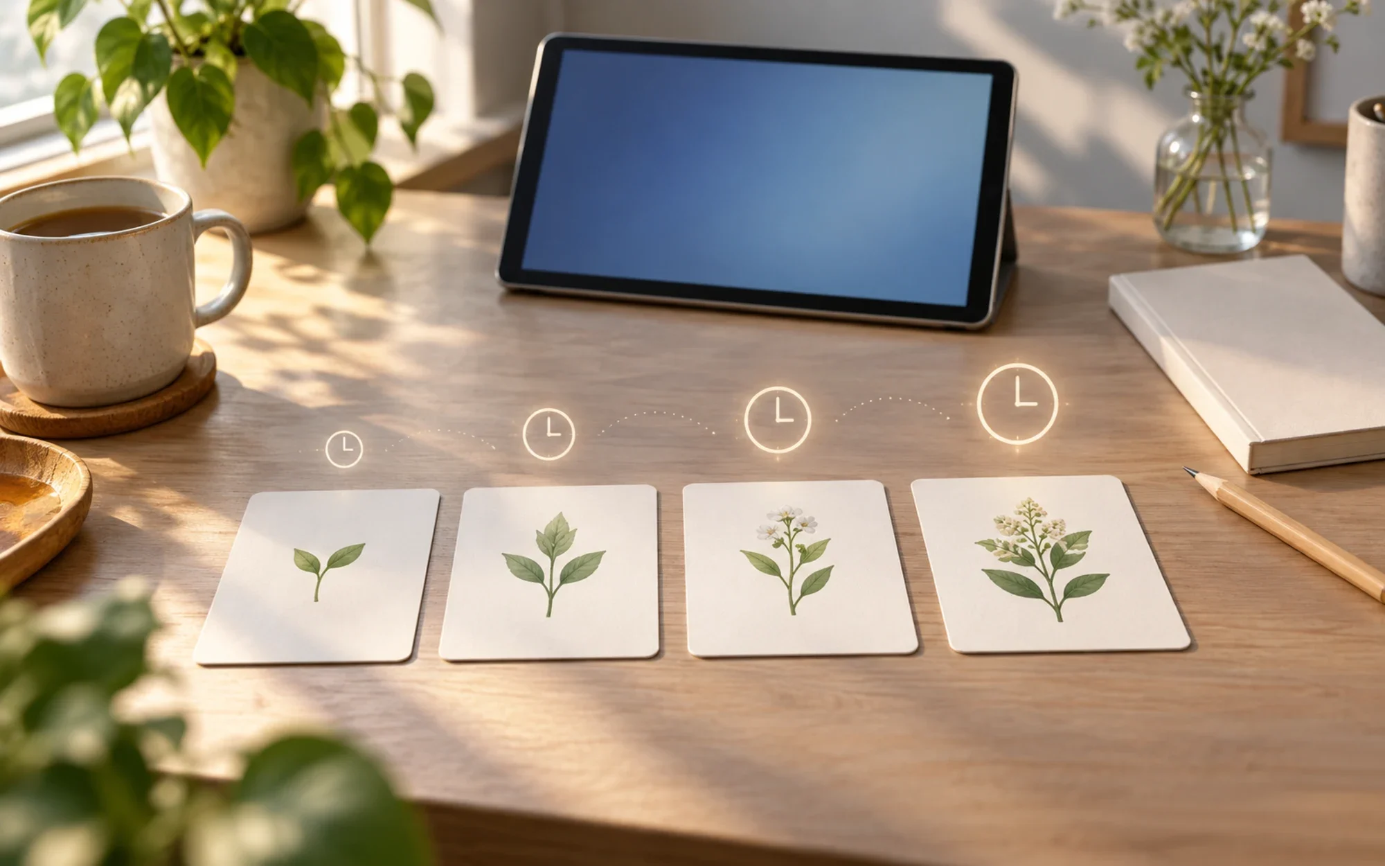 Concept illustration of blank study cards arranged by spaced-review intervals beside a tablet; not a Nibomo screenshot.