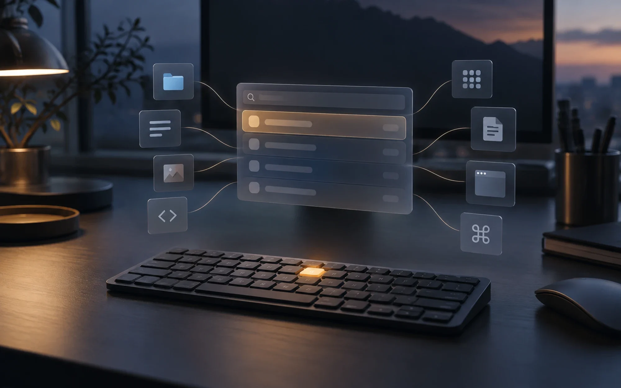 Concept illustration of a Mac keyboard and an abstract launcher palette, representing Blitz; not an app screenshot.
