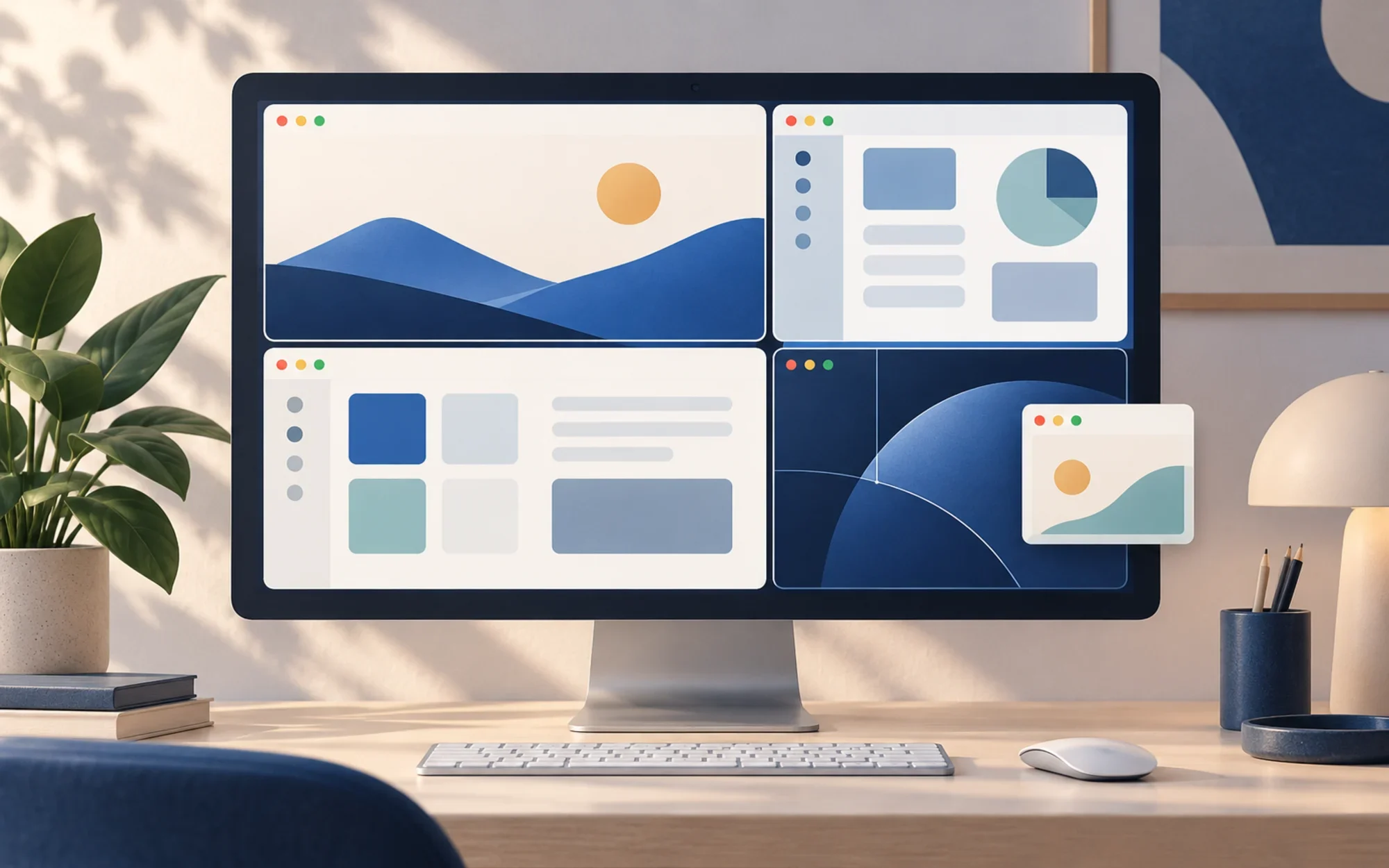 Concept illustration of a desktop display with adaptive tiled windows and a floating pane, representing BetterTile; not an app screenshot.