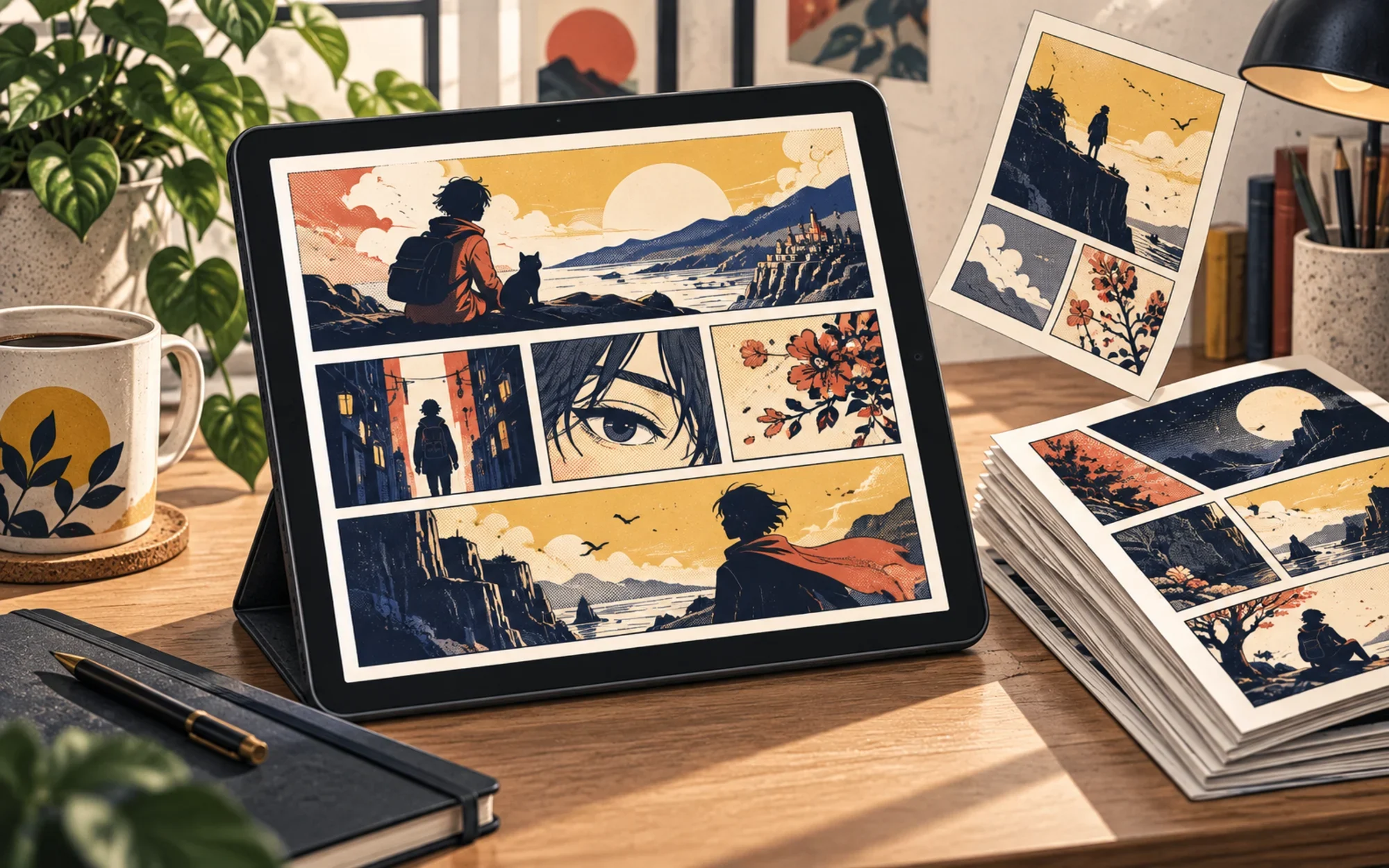 Original concept illustration of a tablet displaying generic comic panels beside a stack of pages; not a Chunky screenshot or existing comic artwork.